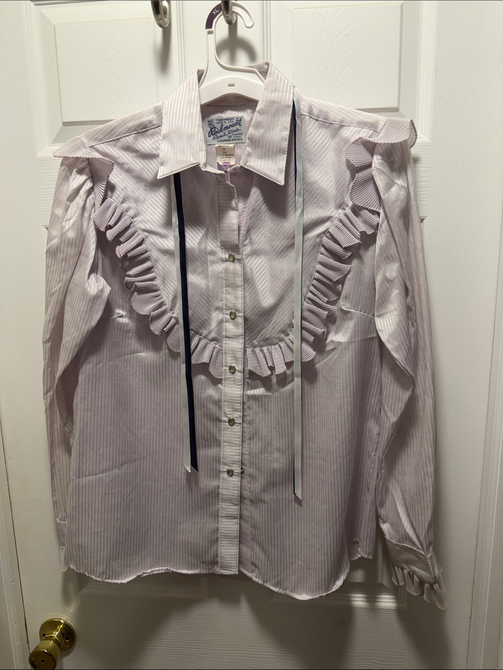 Vintage Rockmount Ranch Wear Ruffled Striped Button-Up Blouse with Ribbon Ties